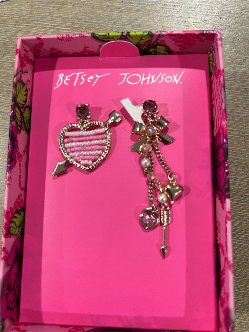 Betsey Johnson Pink Crystal Heart & Arrow Asymmetrical Drop Earrings